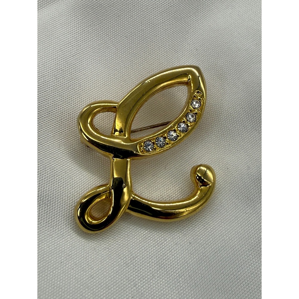 Gold Tone Cursive Letter L Initial Rhinestone Brooch‎ Pin Personalized Jewelry